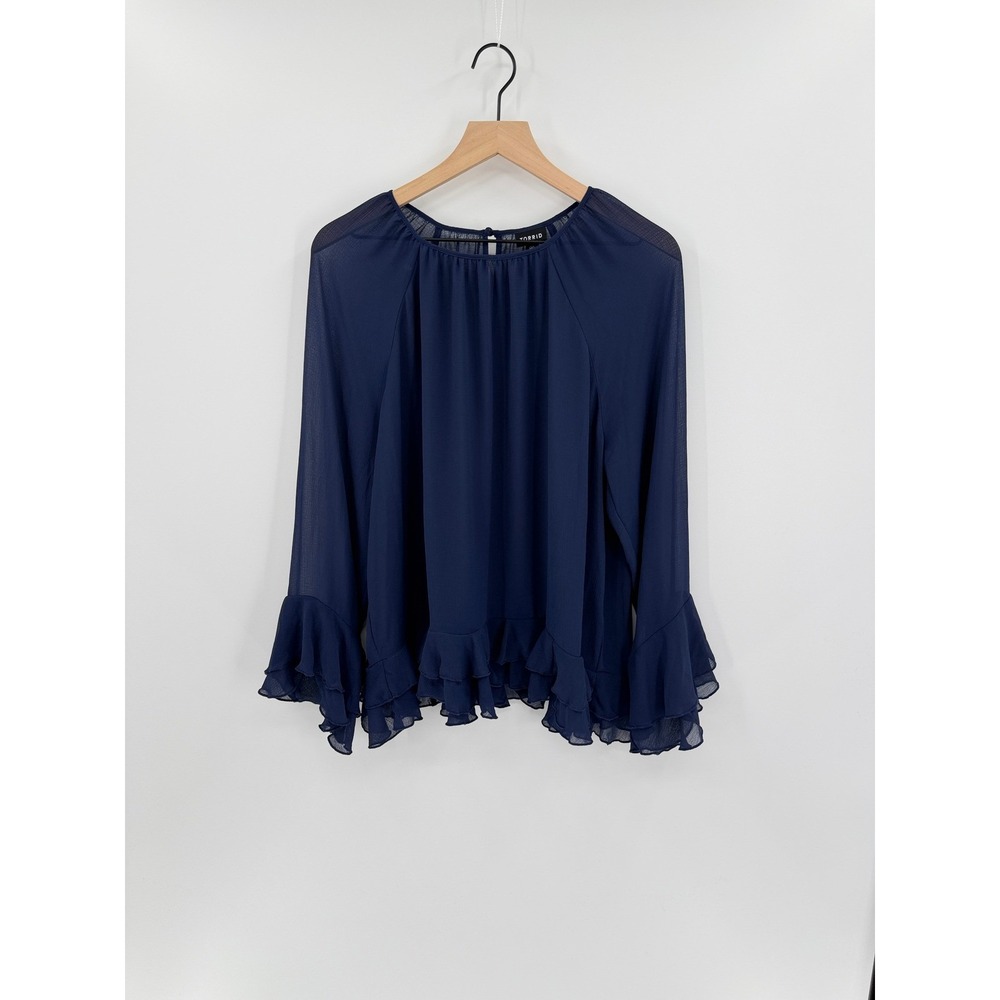 Romantic Torrid 00 Navy Chiffon Blouse Ruffle Hem Boho Whimsigoth Regencycore